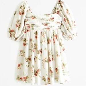 Abercrombie & Fitch Emerson Cotton Puff Sleeve Mini Dress White Strawberry Print